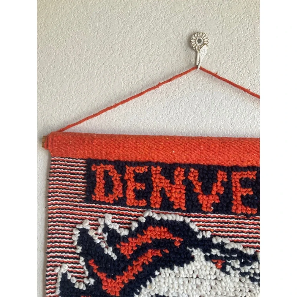 Vintage Denver Broncos Woven Wall Hanging Textile Art Orange‎ Blue Fringe NFL